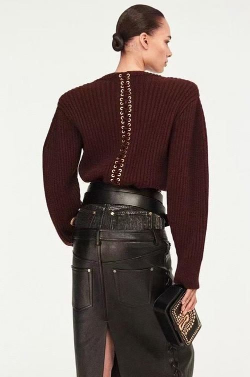 Schiaparelli Surrealist Lace-Back Ribbed Knit Sweater — Burgundy