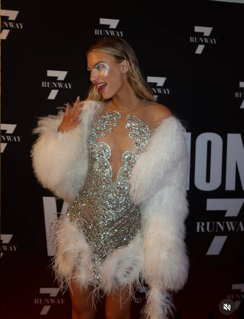 Winter Swan Radiance” Crystal & Feather Embellished Illusion Mini Dress