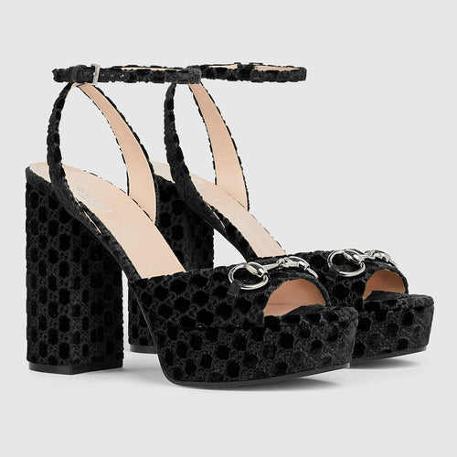 Gucci GG Velvet Horsebit Platform Sandals – Black
