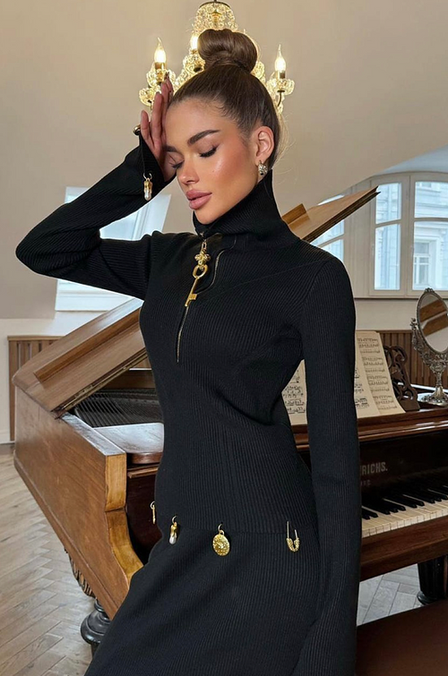 Schiaparelli Surrealist Charm Zip-Neck Knit Midi Dress