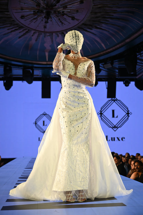 “Empress” Crystal-Embellished Off-Shoulder Gown with Regal Draped Trains