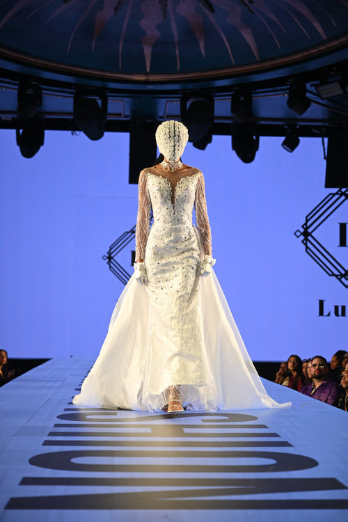 “Empress” Crystal-Embellished Off-Shoulder Gown with Regal Draped Trains