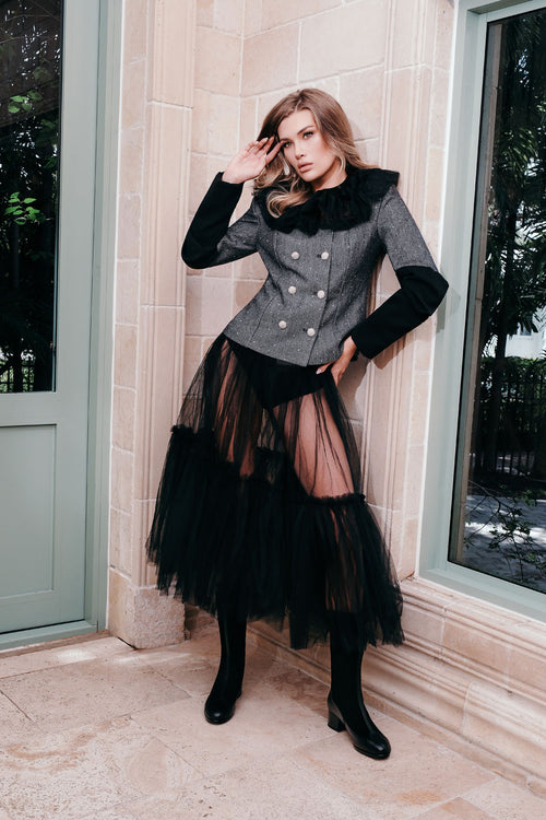 Noir Élégance Tulle Ensemble – Structured Tweed & Sheer Fantasy Skirt