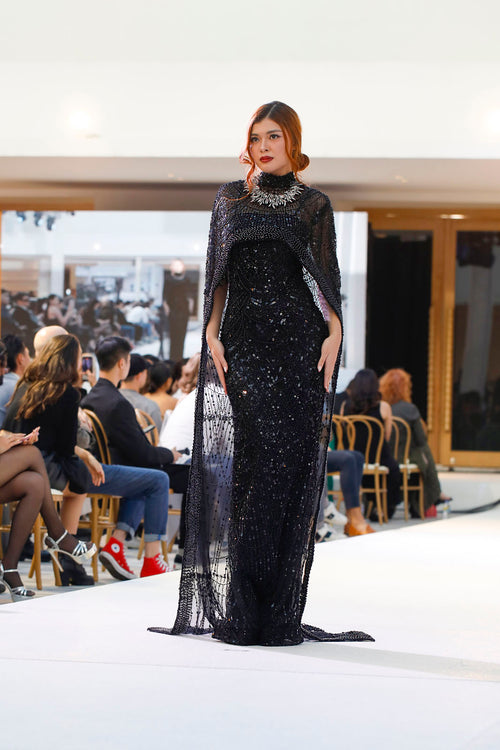 Che’ Le Vout” Embellished Noir Cape Gown – Velour de Luxe Award Couture