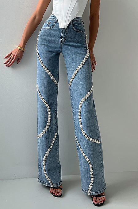 ‘Estelle’ Denim Rhinestone Straight Jeans