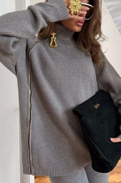 Schiaparelli Sculptural Zip-Neck Knit Set — Grey Mélange