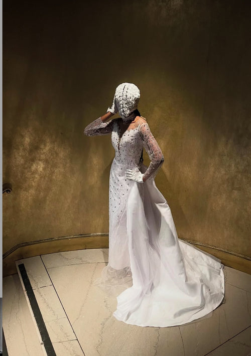 “Empress” Crystal-Embellished Off-Shoulder Gown with Regal Draped Trains