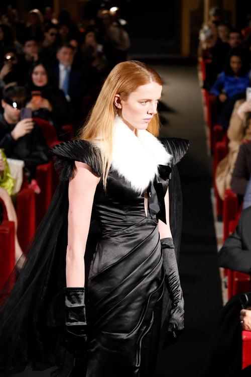 Puissance Sculptée FW27 – Nocturne Royale Fur-Collared Satin Couture Gown