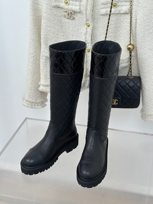 ‘Calfskin Quilted Knee High Boots