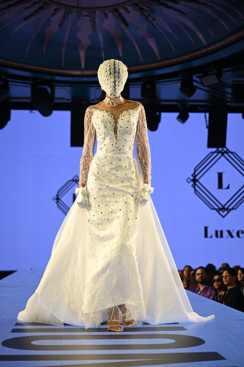 “Empress” Crystal-Embellished Off-Shoulder Gown with Regal Draped Trains