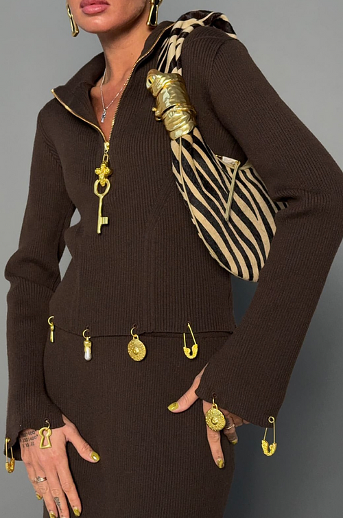 Schiaparelli Surrealist Charm Zip-Neck Knit Midi Dress