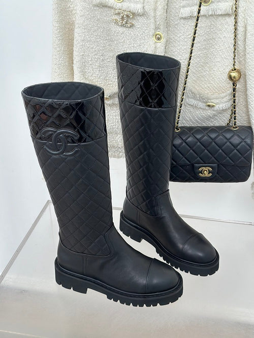 ‘Calfskin Quilted Knee High Boots