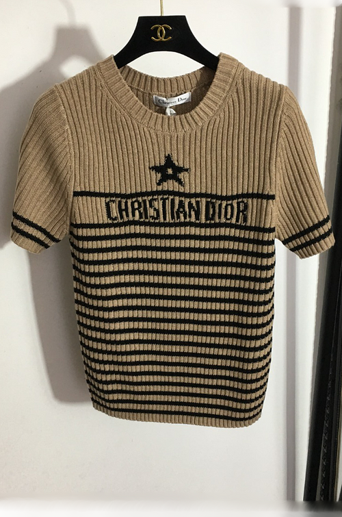 Christian Dior Ribbed Logo Short-Sleeve Knit Top – Beige & Black