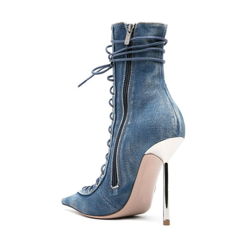 ‘Blanc’ Fashion House Sharp Toe Denim Boot Heel