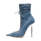 ‘Blanc’ Fashion House Sharp Toe Denim Boot Heel