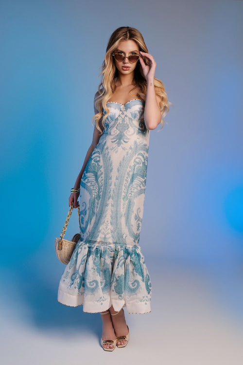 Zimmerman “Lunaria Dusk” Corset Ruffle-Hem Gown