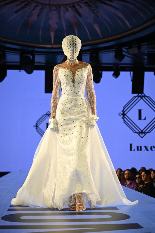 “Empress” Crystal-Embellished Off-Shoulder Gown with Regal Draped Trains