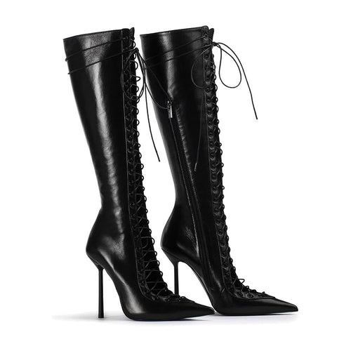 Blanc Fashion House Leather Knee High Boot Heel