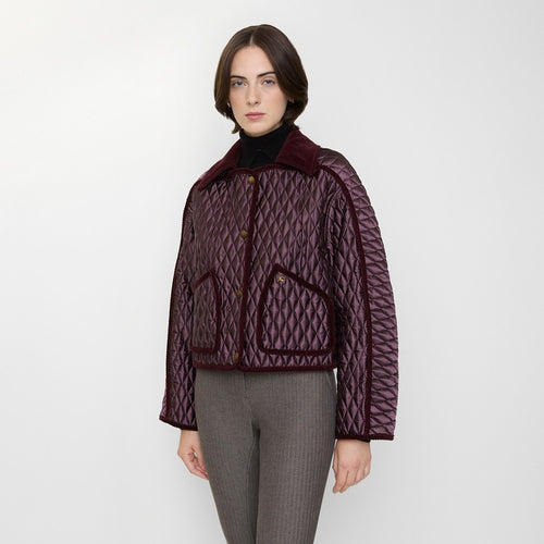 Burberry Quilted Velvet-Collar Jacket -Oxblood Burgundy