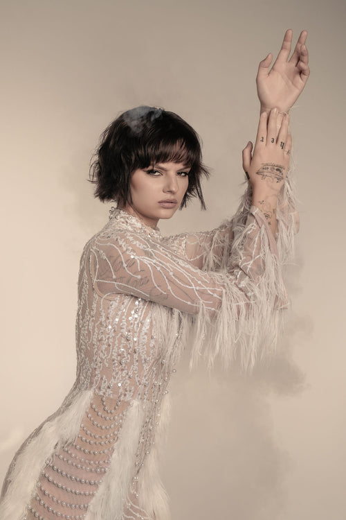 “Nuit de Cristal” Beaded Feathered Illusion Mini Dress – Velour de Luxe Award Couture