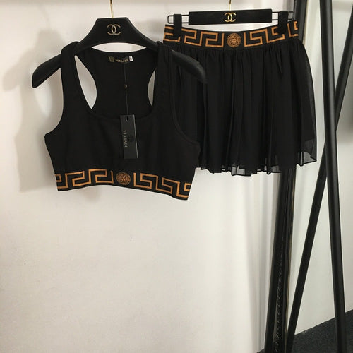 Versace Medusa Logo Cropped Tank & Pleated Mini Skirt Set