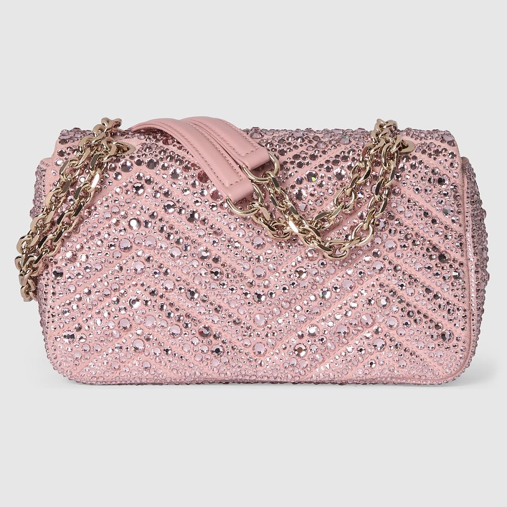 Gucci- GG Marmont Mini Crystal-Embellished Shoulder Bag — Blush