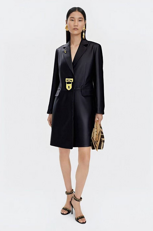 Schiaparelli- Black Leather Corset-Back Coat Dress with Gold Hardware LUXE LIVING FASHIONS Schiaparelli- Black Leather Corset-Back Coat Dress with Gold Hardware LUXE LIVING FASHIONS