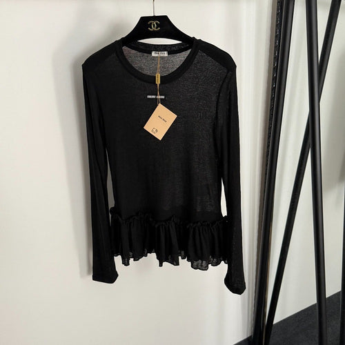 Miu Miu Sheer Peplum Hem Long Sleeve Top