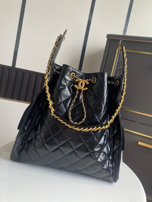 Chanel Quilted Calfskin Large Drawstring Tote with Chain Detail