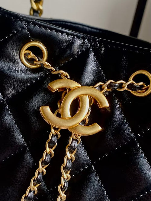 Chanel Quilted Calfskin Large Drawstring Tote with Chain Detail