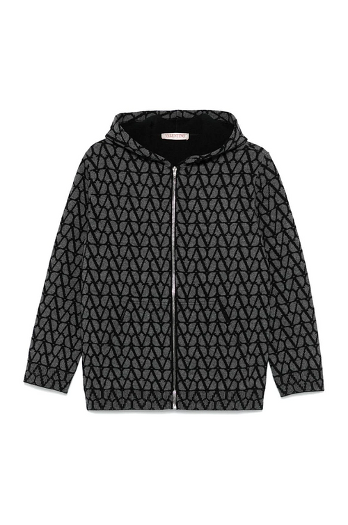 Valentino Jacquard V-Pattern Wool-Blend Zip Hoodie – Charcoal Grey