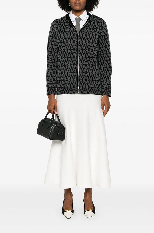 Valentino Jacquard V-Pattern Wool-Blend Zip Hoodie – Charcoal Grey