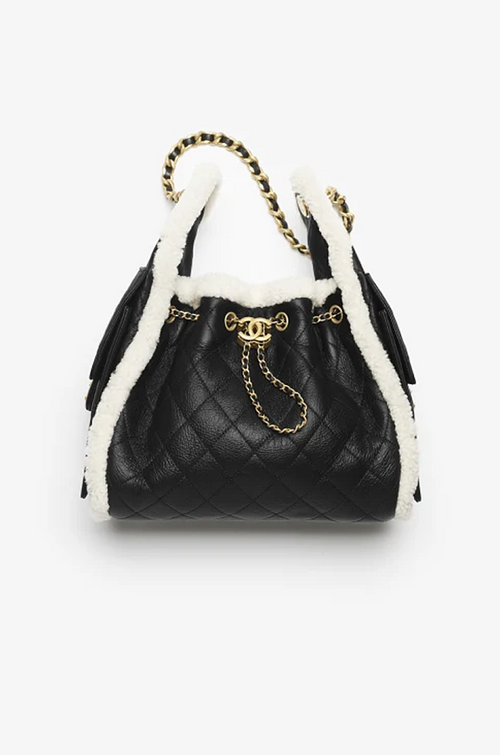 Chanel Shearling-Trim Quilted Calfskin Drawstring Tote
