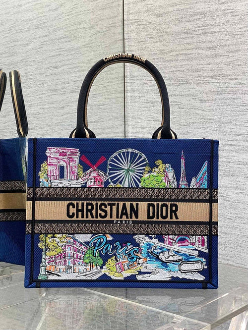 Christian Dior Paris Cityscape Embroidered Book Tote – Blue Multicolor Canvas
