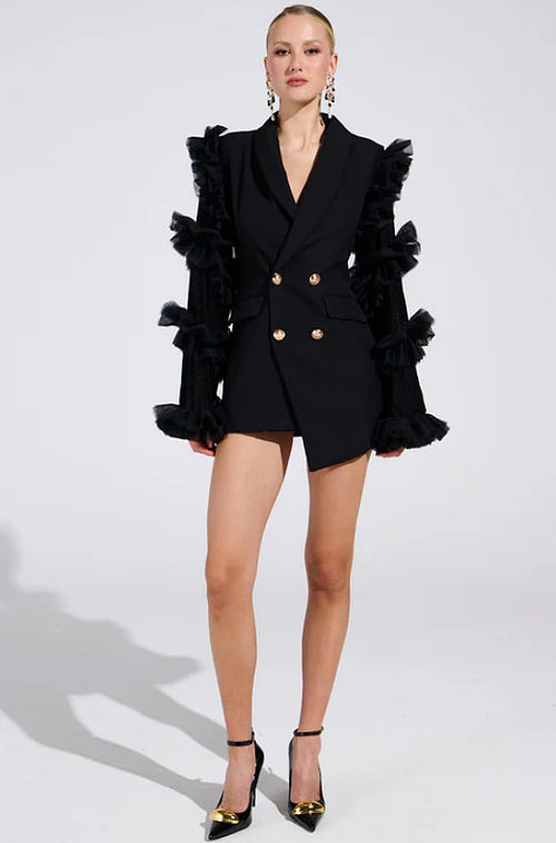 Volant de Minuit Tulle-Sleeve Blazer Dress