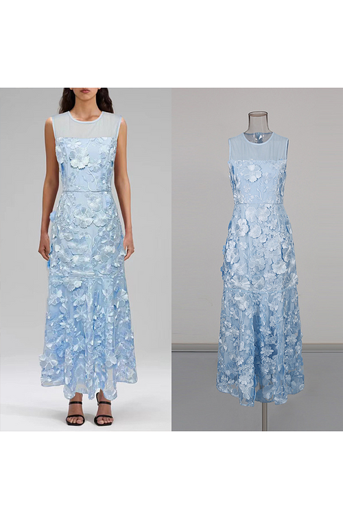 Floraison Élégante Embroidered Maxi Dress – Blue Blossom
