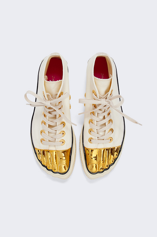 Schiaparelli Trompe-L’Œil Sneaker in Ivory Canvas with Gold Anatomical Toe Cap
