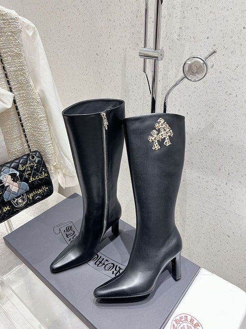 Chrome Heart Leather Heel Boots