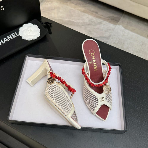 CHANEL Coco Beach Coral Charm Mesh Mules