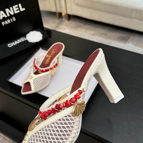 CHANEL Coco Beach Coral Charm Mesh Mules