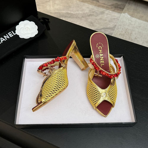 CHANEL Coco Beach Coral Charm Mesh Mules