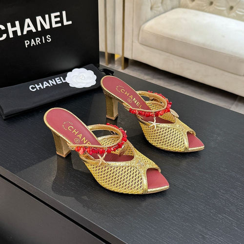 CHANEL Coco Beach Coral Charm Mesh Mules