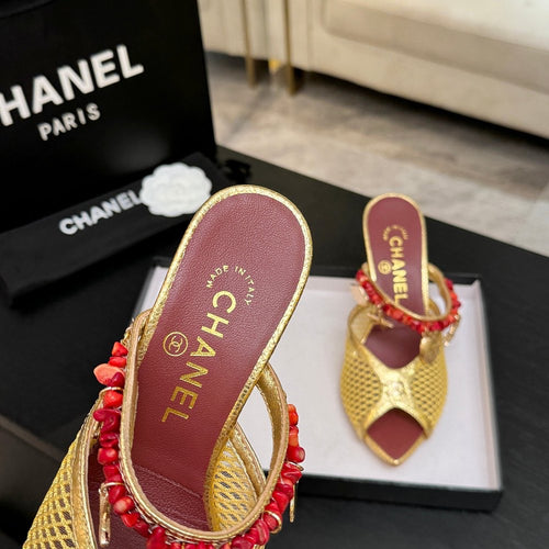 CHANEL Coco Beach Coral Charm Mesh Mules