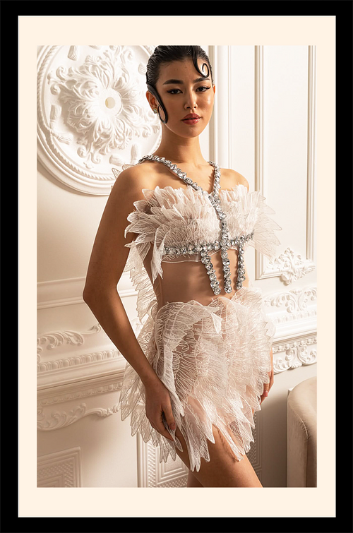 “Aile de Cristal” Sheer Feather Couture Mini Dress – Velour de Luxe Award Collection