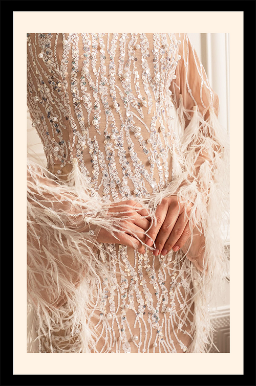 “Nuit de Cristal” Beaded Feathered Illusion Mini Dress – Velour de Luxe Award Couture