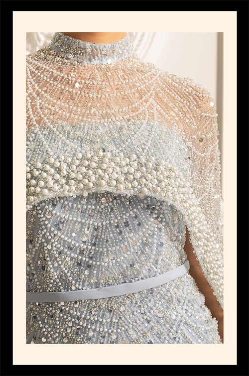 “Che’ Le Vout” Embellished Icy Blue Cape Gown – Velour de Luxe Award Couture