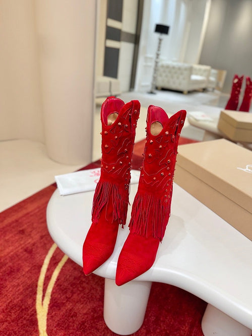 Christian Louboutin “Rodeo Rouge” Fringe Suede Embellished Boots