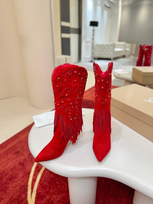 Christian Louboutin “Rodeo Rouge” Fringe Suede Embellished Boots
