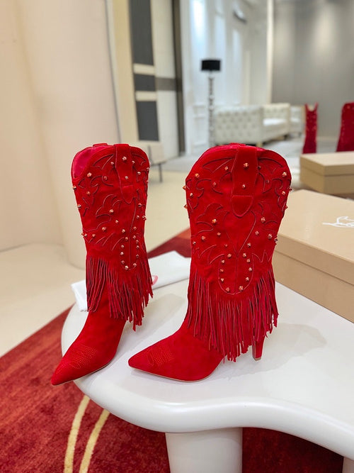 Christian Louboutin “Rodeo Rouge” Fringe Suede Embellished Boots