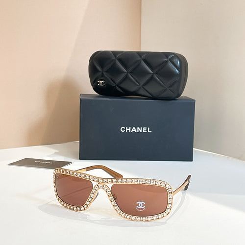 Chanel Oversized Pearl-Embellished Shield Sunglasses – Haute Lumière Edition
